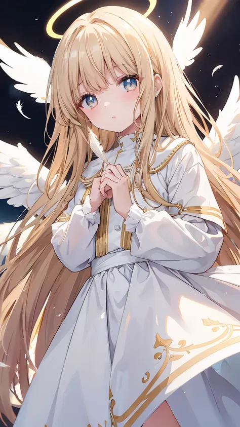 light brown long hair, straight hair, bangs, halo, perfect eyes, soft light, high quality, 4k resolution, ((angel)), ((an angel ...