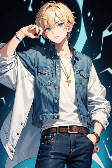 16 year old boy, blonde hair short on the sides and pointed up, gray eyes, denim jacket, blue shirt with music print, blue jeans, slim build, black belt, necklace with gold cross, looking directly at viewer, white background .