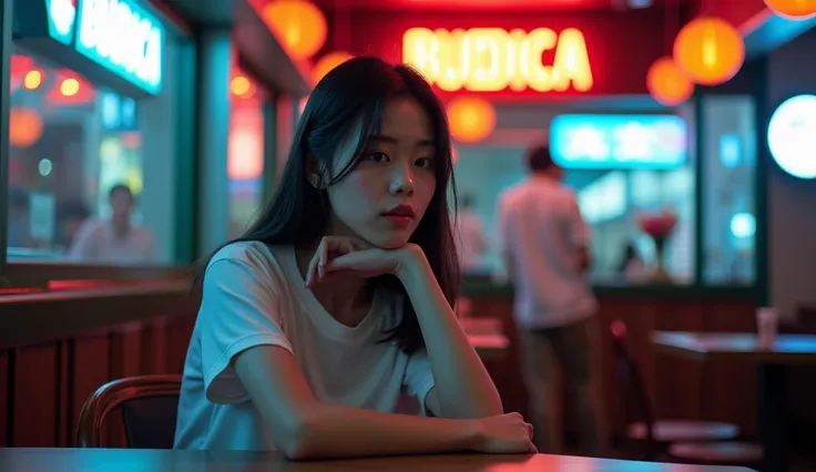 A Japanese woman is sitting in a cafe,  "BUDDICA" It is written there,Look away from the viewer, T-Shirts、Full Body Shot, Cinema Lighting, Shine, neon,