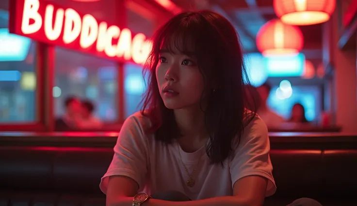 A Japanese woman is sitting in a cafe,  "BUDDICA" It is written there,Look away from the viewer, T-Shirts、Full Body Shot, Cinema Lighting, Shine, neon,