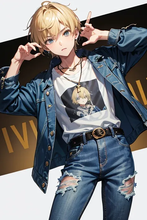 16 year old boy, blonde hair short on the sides and pointed up, gray eyes, denim jacket, blue shirt with music print, blue jeans, slim build, black belt, necklace with gold cross, looking directly at viewer, white background .