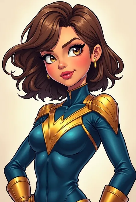 Sip.... 

Imagine a Marvel comic girl inspired by Gwenpoll, She has short wavy hair that reaches her shoulder and is also a brown color., His expression is mischievous with large, expressive eyes that show confidence and energy., Her outfit has a similar d...