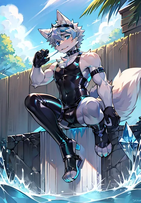 Furry，wolf boy，White fur，crystal blue eyes，Single fluffy tail，greyt hair，short detailed hair，summer day，Wear diving goggles，masculine features，squat，asshole，Bulge，Sexy latex swimsuit，stirrup legwear，full body，High heel