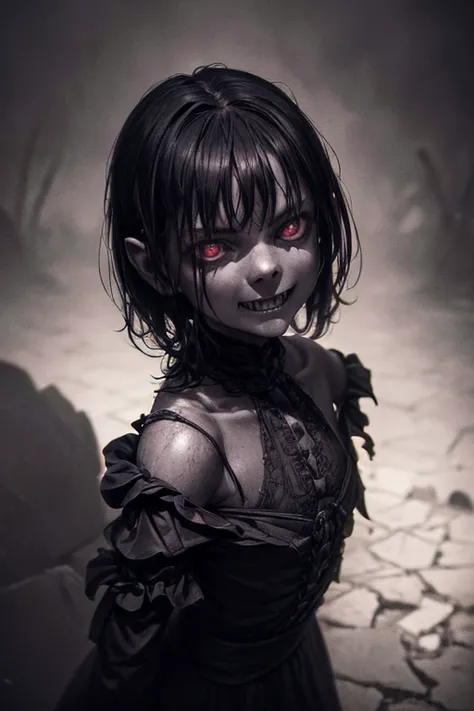 a creepy detailed little bogieman girl, long sharp teeth, dark shadowy eyes, sinister smile, dark mysterious background, dark eerie atmosphere, dramatic chiaroscuro lighting, dark fantasy, gothic, horror, (best quality,4k,8k,highres,masterpiece:1.2),ultra-...