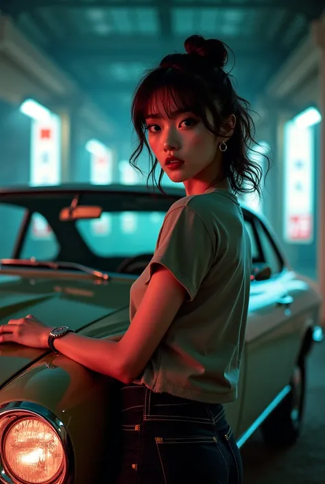 Japanese woman posing next to a car,model、  （"BUDDICA" It is written there）,Look away from the viewer, T-Shirts, Cinema Lighting, Shine、Great view point