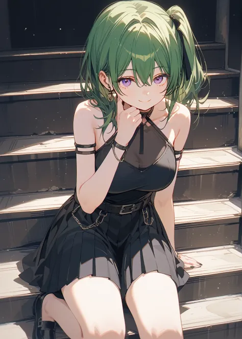 (masterpiece, the best quality at its best:1.2), alone, one huge breasted girl, green hair, bangs, hair between the eyes, side p...