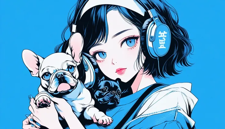 Illustrator, anime , Realistic ,sketch , An adult woman holding a cute bulldog puppy wearing headphones, lip, nail、T-shirt,order,Textured Trim, (masterpiece,Highest quality) Blue background, neonヘア,Textured Trim, Canadian, (masterpiece,Highest quality) Can...