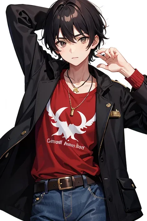 16 year old boy, messy black hair, brown eyes, black jacket, red shirt, blue jeans, slim build, black belt, gold cross necklace, looking directly at viewer, white background.