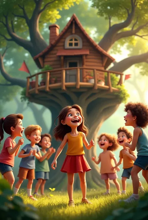 Group Admiring the Treehouse:

Prompt: "A group of children gathered around the finished treehouse, cheering and clapping. The young girl who built it is standing proudly in front, with a big smile on her face. The scene is filled with joy and celebration,...