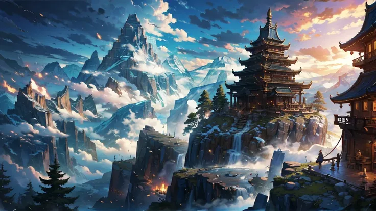 steep rocky mountains(leviathan:1.1),vision, mysterious clouds, cliff, fog, temple, wood, dream, fantasy, no peoples, no humans