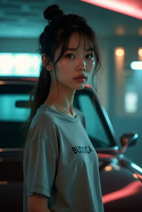 Japanese woman posing next to a car,Model shot、  （"BUDDICA" It is written there）,Watching the audience, T-Shirts, Cinema Lighting,Attractive posture、 