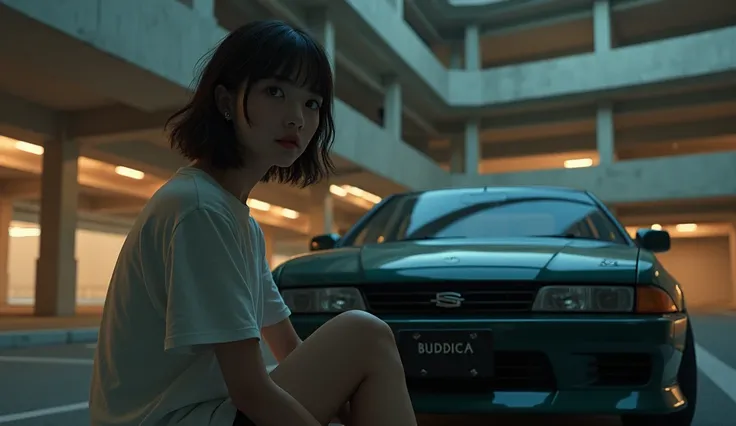 A Japanese woman is sitting next to a car,  （"BUDDICA" It is written there）,Look away from the viewer, T-Shirts、Upper Body, Cinema Lighting, Shine,Inside the multi-story parking lot、Orange、Photorealistic