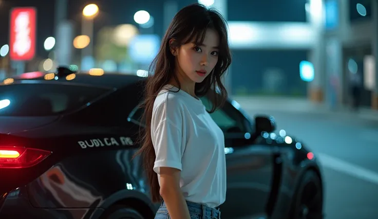 Japanese woman posing next to a car,Model shot、  （"BUDDICA" It is written there）,Watching the audience, T-Shirts, Cinema Lighting,Attractive posture、 