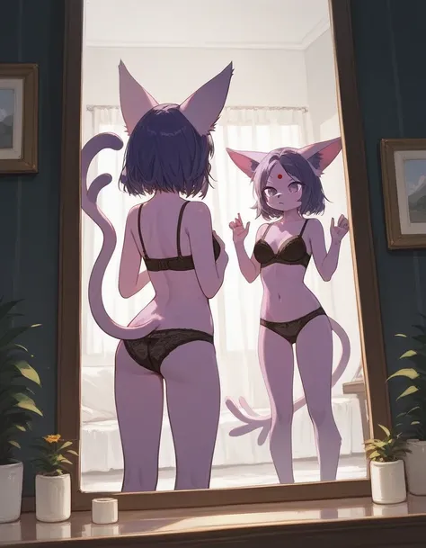 alone, score_9,score_8_up,score_7_up, anthro female espeon, black bra, black panties, standing, mirror, reflection, indoors.