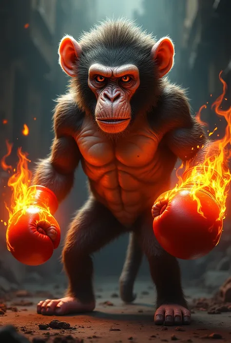 make a boxing monkey that has fire flames on the gloves, The monkey has more human features