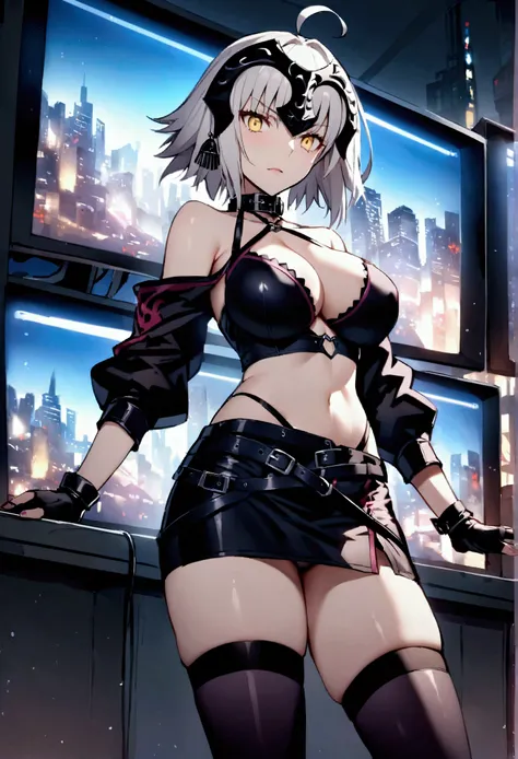  Jeanne d&#39;Arc Alter / (Fate Grand Order/) Gray Hair、Yellow Eyes、Ahoge、short hair、Headpiece、 fate, 1girl, solo focus, large breasts, long hair, ponytail, gray hair, cleavage, yellow eyes, leather collar, bare shoulders, fingerless gloves, thighhighs, th...