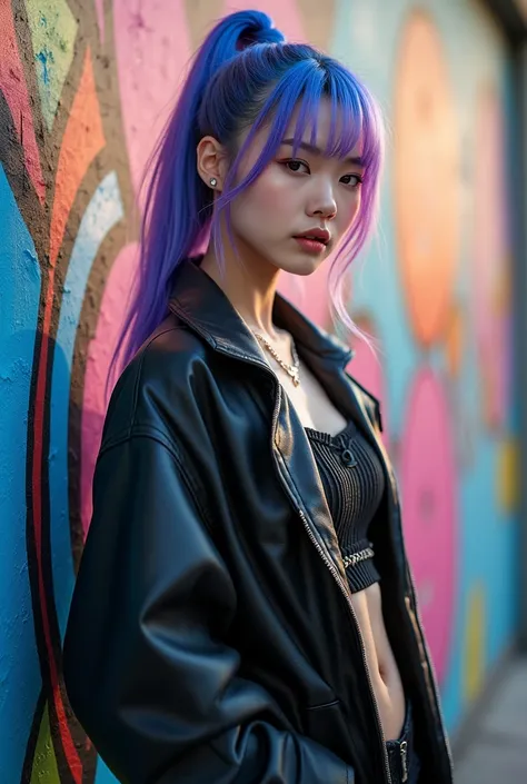 beautiful kpop idol girl wearing a hip-hop jacket outfit closed elegantly, her long blue and purple hair tied up, against the backdrop of a graffiti wall during the day