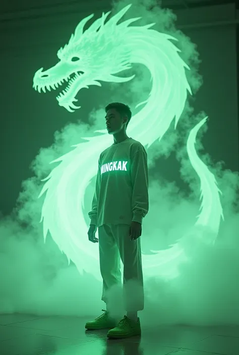 a handsome Indonesian man stands on thick liquid smoke that forms a flying dragon emitting green light. the luminous body has a calm and dignified aura. standing position with feet as if about to step, both hands held a samurai full of light. wear nike air...