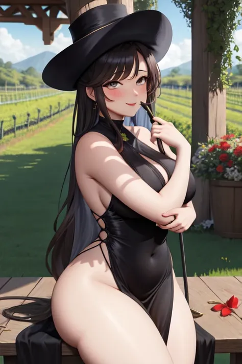 work of art, best qualityer, 1 girl, courtyard, flowers, vineyard, leprechaun, long black silk dress, thicc thighs, ssmile, lea...