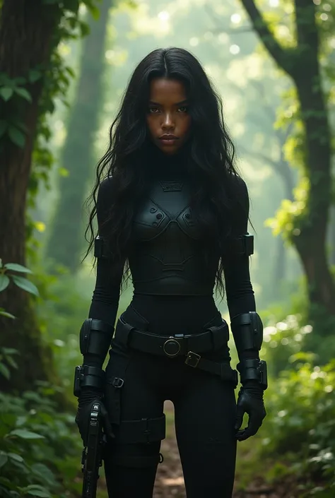 Create the image of a 15 year old girl with long wavy black hair, Dark skin and honey-colored eyes, slim in the middle of a forest in tight black combat clothing