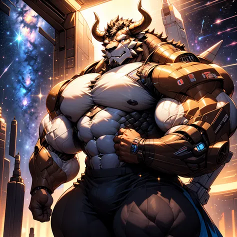 muscular white minotaur, masculinity, pectoralis major, heavyweight, bodybuilder figure, wearing cyberpunk mechs, dress, view of...