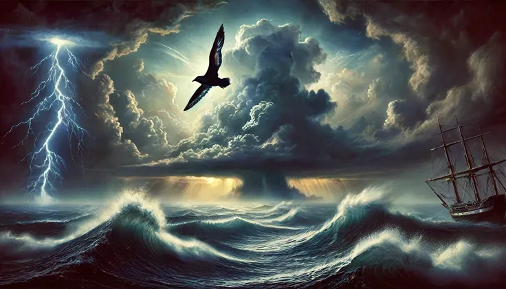 painting of a bird flying over a stormy sea with a ship in the background, apocalyptic tumultuous sea, storm at sea, it's flying...