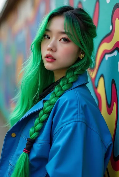 beautiful kpop idol girl wearing a blue hip-hop jacket outfit covered elegantly, her long green hair beauty in braid, against the backdrop of a graffiti wall during the day