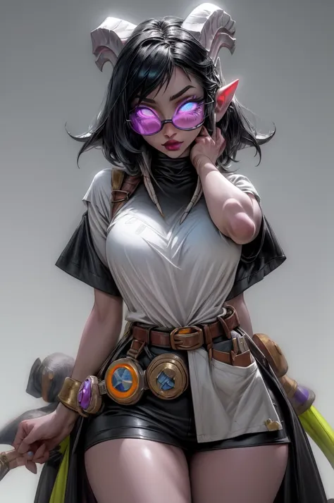 masterpiece, best quality, 1girl, solo, draenei, glowing eyes, colored sclera, tail ornament, hooves, white skin, blue eyes, black hair, shiny silver pouty lips, (tentacle hair:0.8), close-up, upper body, hair ornament, plump and large breasts, shiny skin,...