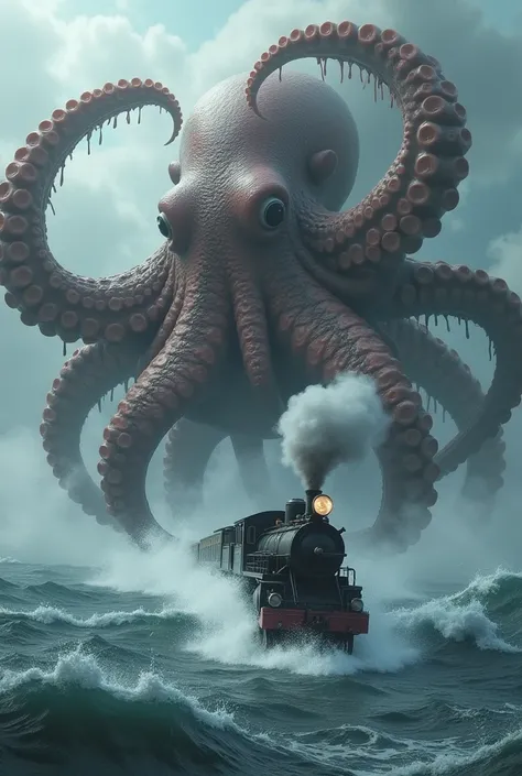 Giant octopus with terror claw in the middle of the sea grabbing a steam train