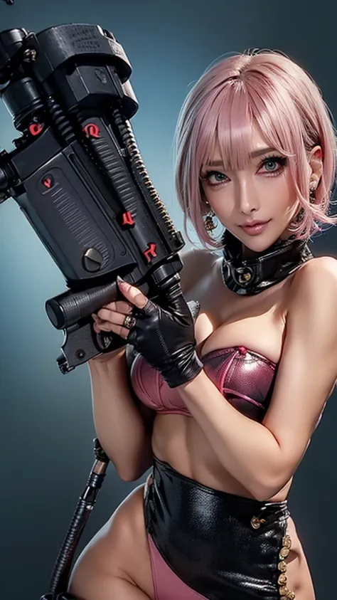 (Highest quality), Realistic, (live-action),(Short Hair,Sharp bangs)Showing off your crotch,Highest quality,Highest quality,8k images,Pink Hair,High heels,Small face,((Big Breasts))Leg spread、1 gun,(((Point the tip of your gun towards the camera:1.6))),Hig...