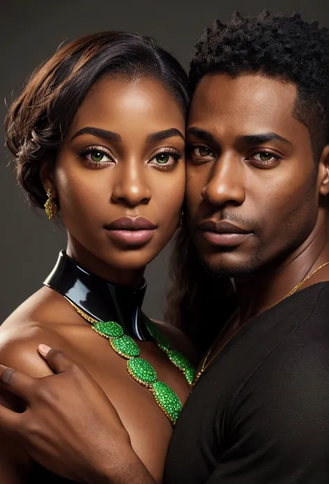 create a work of art, a portrait of an african american couple (1 handsome black man, 1 beautiful latina woman with green eyes, ...