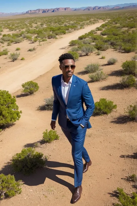 a person in a suit leaving a desert place and going to a place with green pastures and beautiful blue skies., highlighting the t...