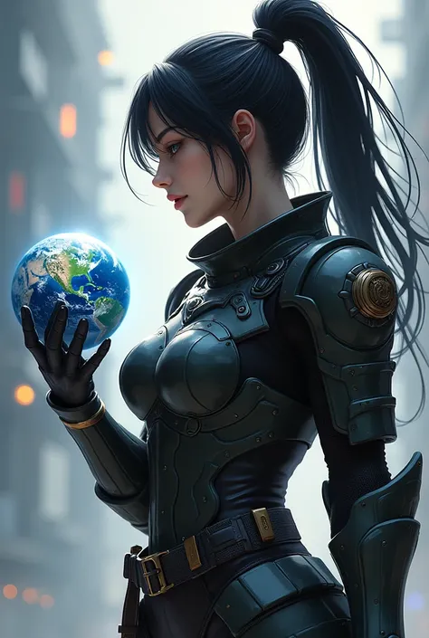 (masterpiece:1.2, best quality,high resolution,Very detailed),8K,wallpaper,(Very detailed),(Armored Core Style),Woman in ninja armor,Ponytail,Black Hair,Looking at the Earth in my hand
