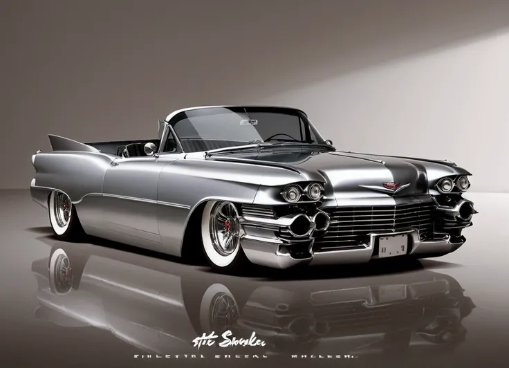 DIAGONAL and distant CAMERA, full image of A beautiful 18 year old girl driving inside a 1959 Cadillac Eldorado Biarritz convertible hot rod, futuristic style, rounded corners, MIRRORED COLOR METALLIC reflective, METALLIC MIRROR COLOR, EXTREMELY POLISHED A...