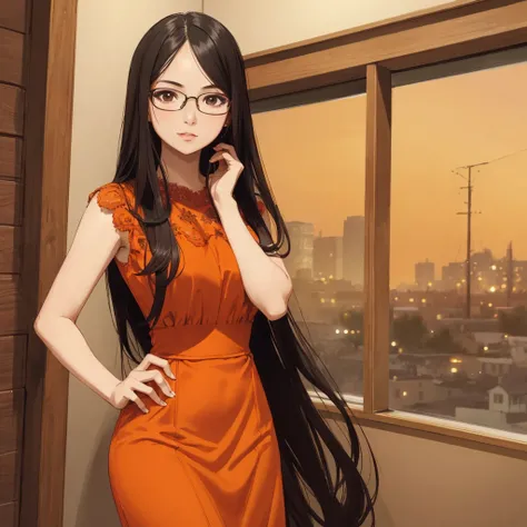 A short woman wearing formal orange dress. Large Glasses, very long black hair, dull brown eyes. Detailed Suburban Background. Front Facing. ((best quality)), ((masterpiece)), (detailed), 1girl