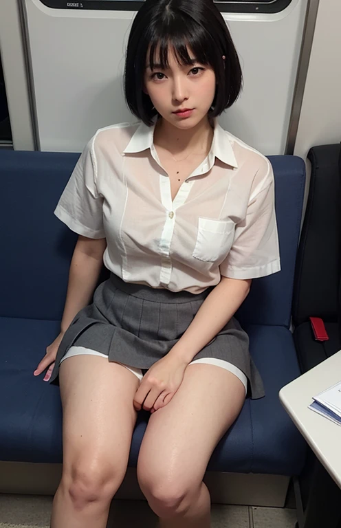 1 female, Thighs, Sitting on a train, , Realistic, RAW Photos, White shirt, Pleated skirt, Black short socks, loafers, Beautiful legs, Medium Hair, bangs, View your viewers, Highest quality, chest, Open clothes,Open your mouth