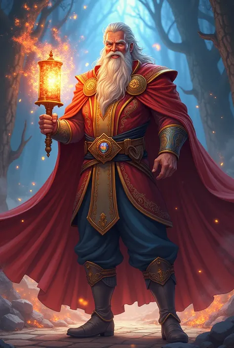 created an extremely powerful and wise wizard, his eyes shine due to such magic, he has a beautiful smile, he wears a red and gold dragon cape, a wizards hat, he has a robust body, with high definition in his muscles, he has a mystical hammer charged with ...