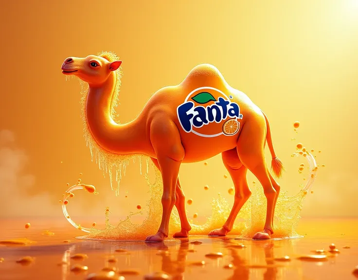 Make a camel by grabbing a can of orange-flavored Fanta and drinking it, with texture of drops and bubbles of orange juice around it