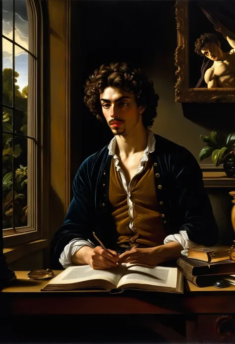 pintura_oleo+caravaggio+barroque front view a young man slender_athletic_realisim_body, italian man reading a book in  rococo+neoclassic  style office large windos to see the stormy night in the jungle, river, thunders, jungle, drops on the glass of the wi...