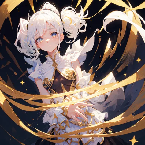 A girl with a white high ponytail，Facing the camera，Hopeful expression，White hair，Gorgeous clothes，Black gold tone，Stars are shining around the body，shine，Gold decorations，((Pure black background))