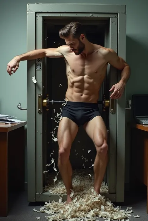 Handsome man struggling to pull his black underwear out of a large paper shredder as its shredding his underwear and sucking him into it