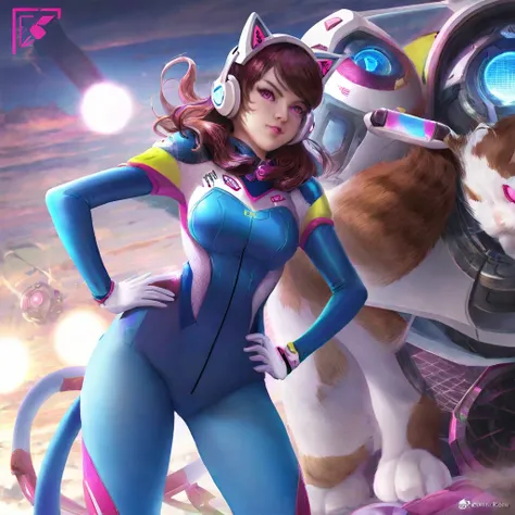 work of art, best qualityer, high resolution, 1 girl, Super high resolution, standing alone, Mechanical Pilot, d.va, earbuds, pink eyes, blue pantyhose, chestnut hair, whitegloves, Cat Face Decoration,