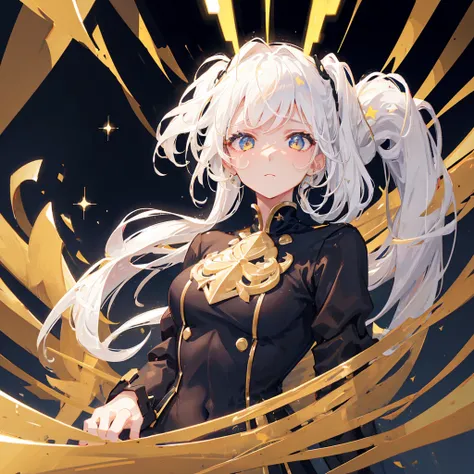 A girl with a white high ponytail，Facing the camera，Hopeful expression，White hair，Gorgeous clothes，Black gold tone，Stars are shining around the body，shine，Gold decorations，((Pure black background))