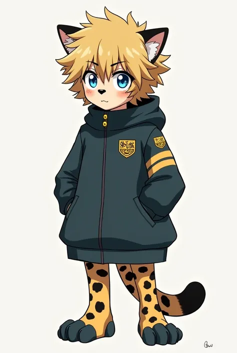 make a half-jaguar character wearing a uniform from the anime My hero academia called Min-hwan he has messy blond hair,small jaguar ears,instead of arms, it has jaguar paws,blue colored eyes