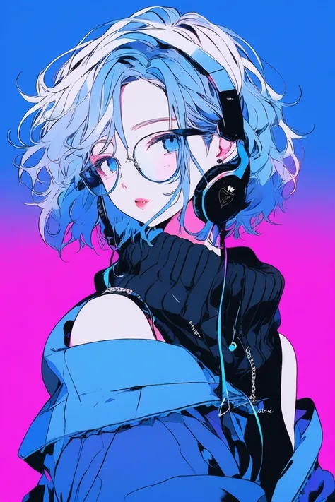 ((masterpiece,Highest quality)), 8k, anime , Realistic ,sketch, anime風のポートレート, 黒仔猫を連れたanimeの, Blue gradient background, Off-the-shoulder knit, Neon colored messy medium hair, lip, Big earrings, Wear headphones, Texture Trim, Canadian, Upper Body, (masterpi...