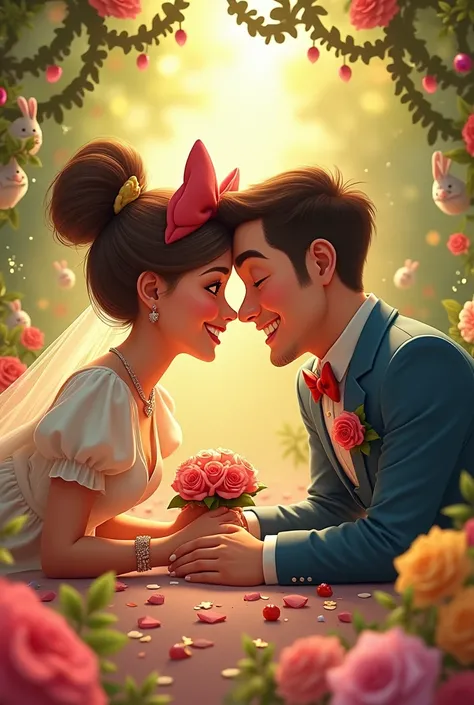 Wedding gifts。Disney-like atmosphere。The main character is a girl, dressed in cute clothes like Donald Duck, and smiling.。She and her husband are happily touching noses and foreheads。Around、Colorful plants and vines like those in Rapunzel。Cute animals like...