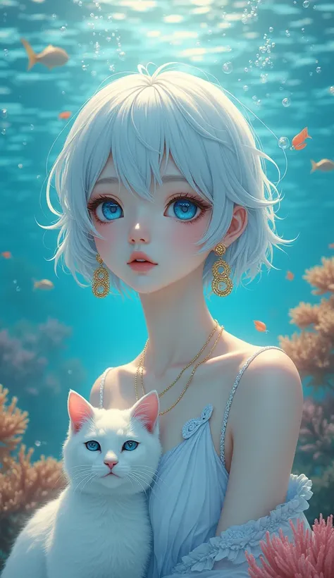 masterpiece, best quality, 8K resolution, very detailed, hairy，blue eyes, gray hair, Short hair, water elements, Underwater background, White cat, White skin, white stripes, White bracelet, corals,bubble, Gold earrings