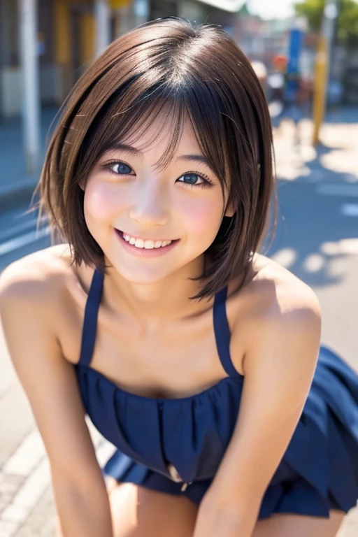 (Highest quality),(Cute Japan Junior High School Girls),  (Moisturized lips), Narrow eyes, double eyelid,Delicate clavicle,Flat Chest,Small breasts、Shortcuts、A faint smile、Professional, natural and bright lighting, (School Uniform), (Sunburned skin:0.2),Fu...