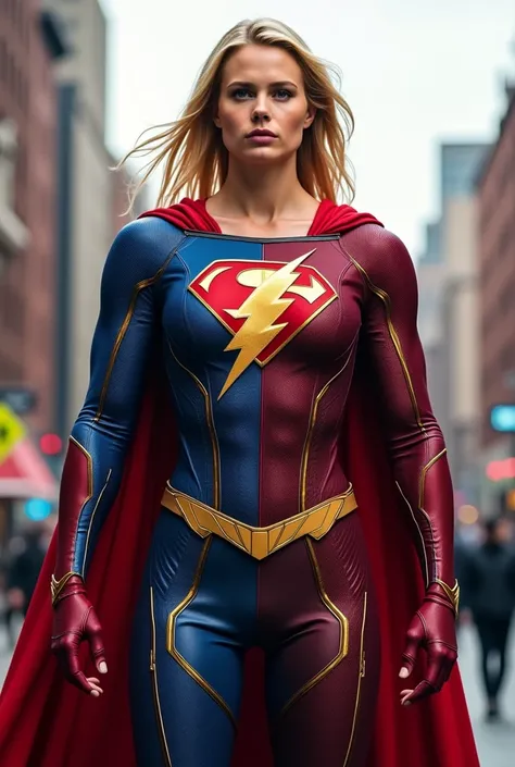 El hijo de flash y supergirl, adult, with a fused suit of both superheroes (Red and blue), and with a cape, rubio... Con traje de flash y supergirl fusionados, and lightning emblem and the "s" (de supergirl)