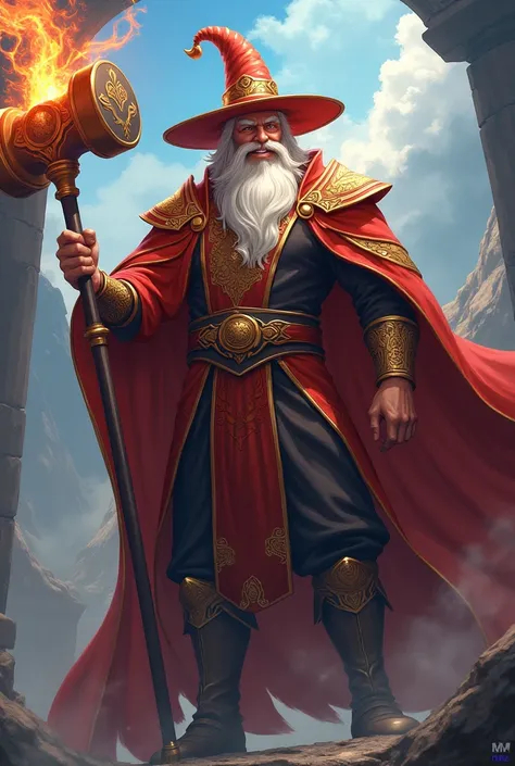 created an extremely wise wizard, his eyes shine due to this, he has a beautiful smile, he wears a red and gold dragon cape, a wizards hat, he has a robust body, with high definition in his muscles, he has a war hammer loaded with the energy of the rainbow...